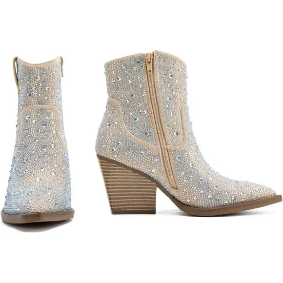 ✨Sparkle Champagne Ankle Boots🍾💎 Rhinestone Pointed Bling✨👢Western Heel Boots👢🌟 - Picture 4 of 6